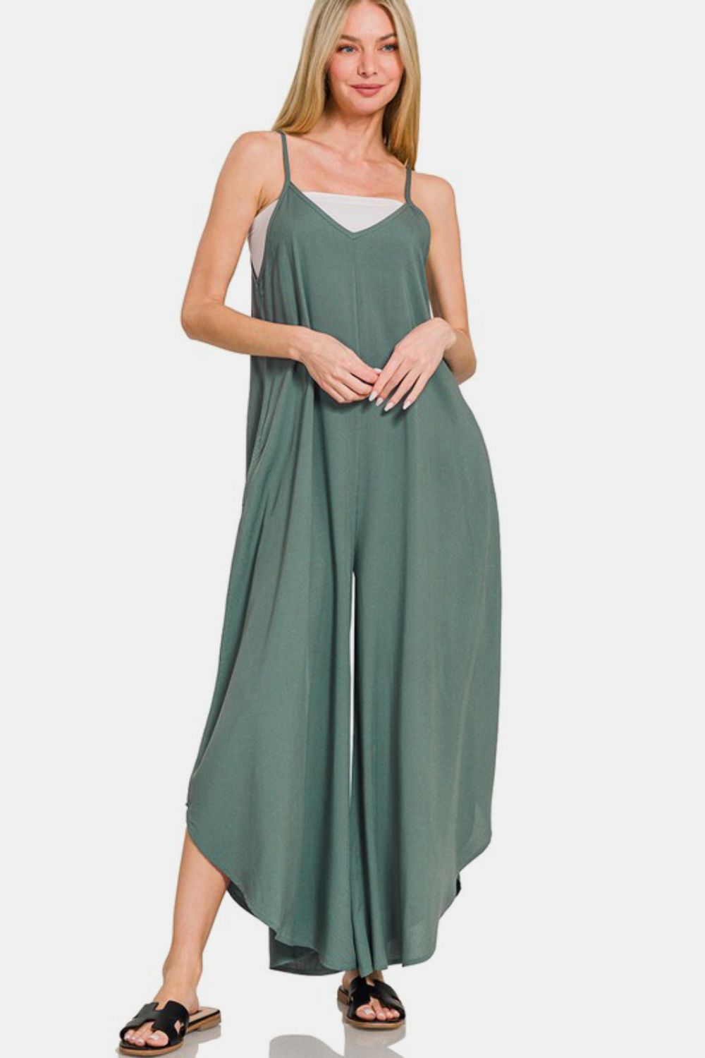 Zenana Sleeveless Curved Hem Wide Leg Overalls with Pockets-Very Besty