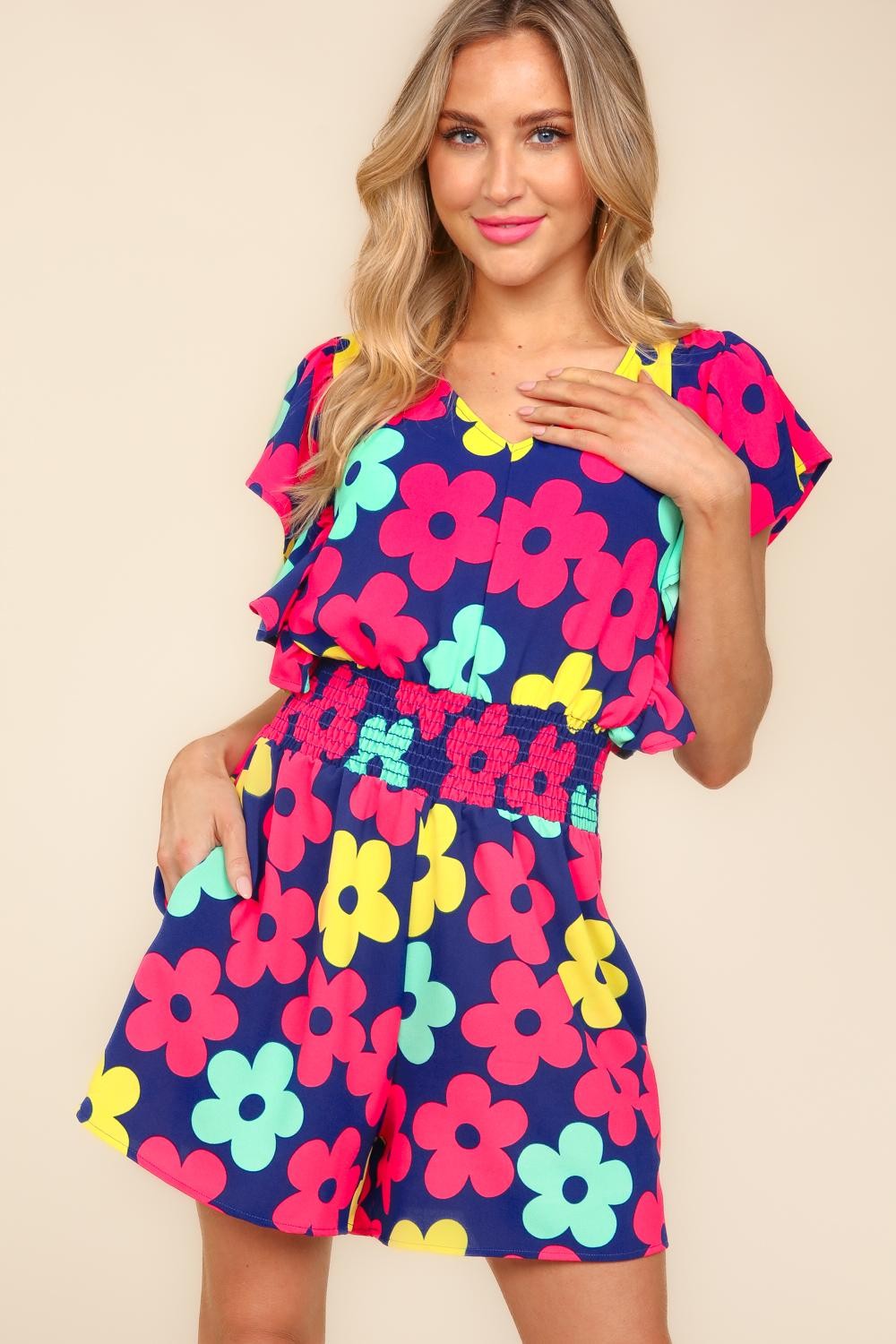 Haptics Floral Smocked Waist Romper with Side Pockets-Very Besty