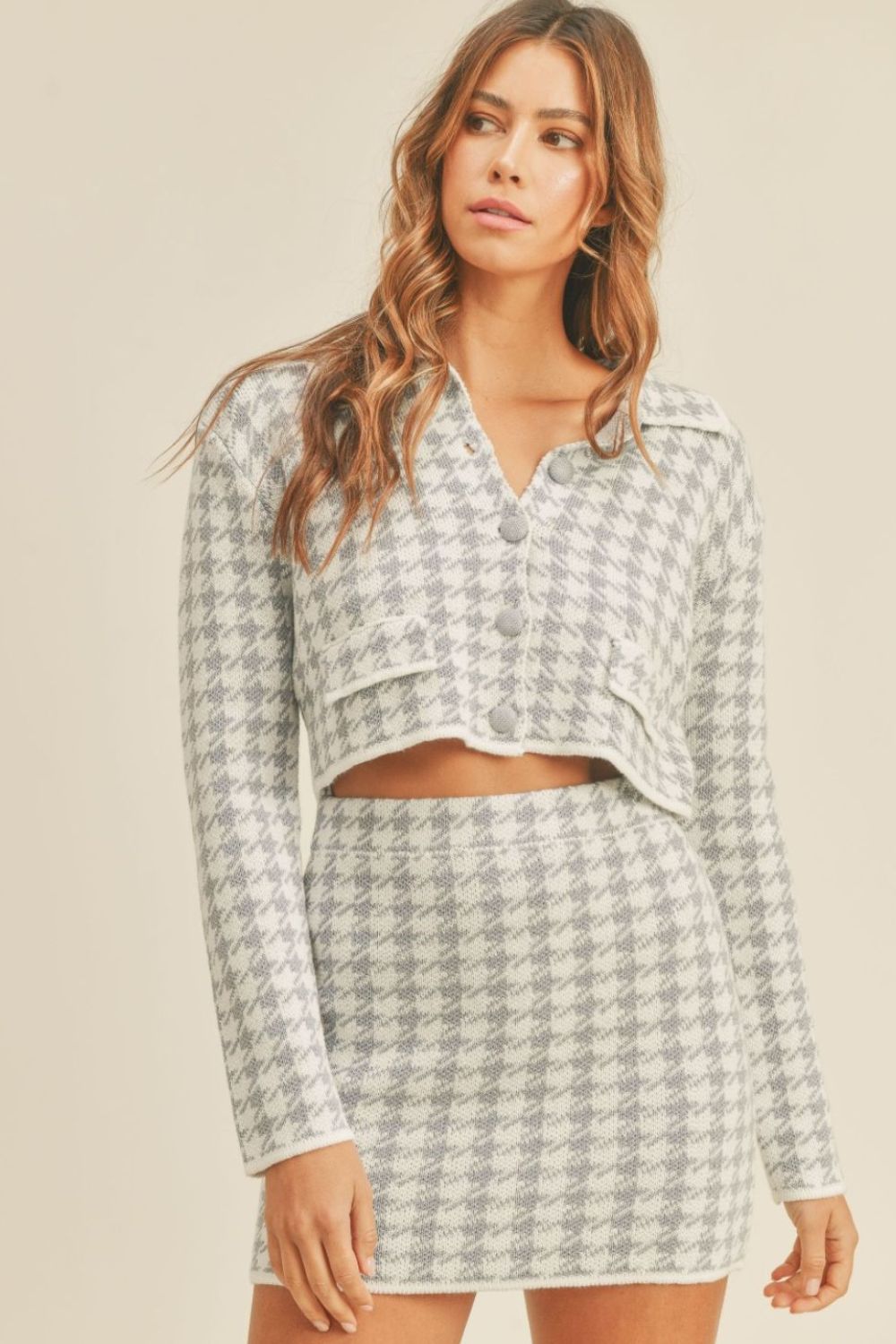 MABLE Houndstooth Cropped Knit Cardigan and Mini Skirt Set-Very Besty