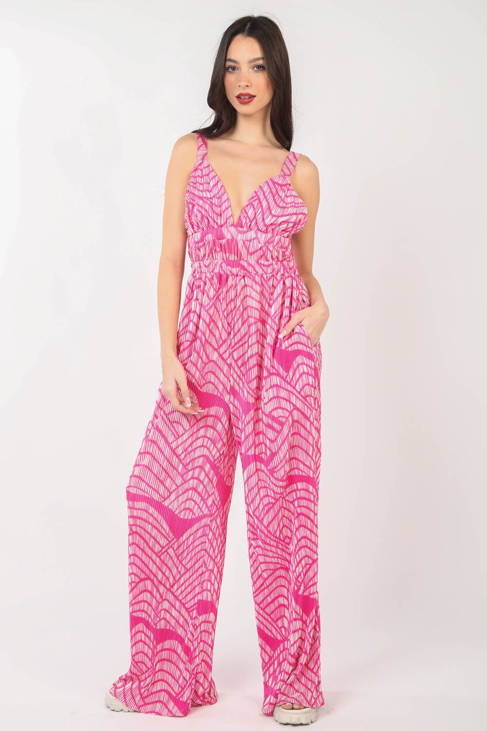 VERY J Printed Pleated Sleeveless Wide Leg Jumpsuit-Very Besty