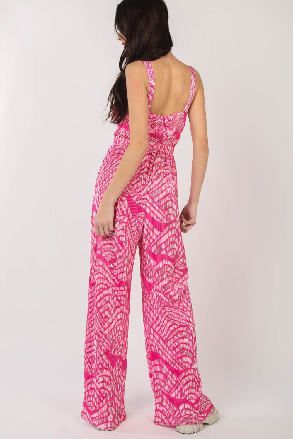 VERY J Printed Pleated Sleeveless Wide Leg Jumpsuit-Very Besty