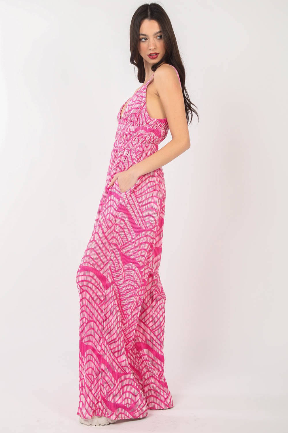 VERY J Printed Pleated Sleeveless Wide Leg Jumpsuit-Very Besty