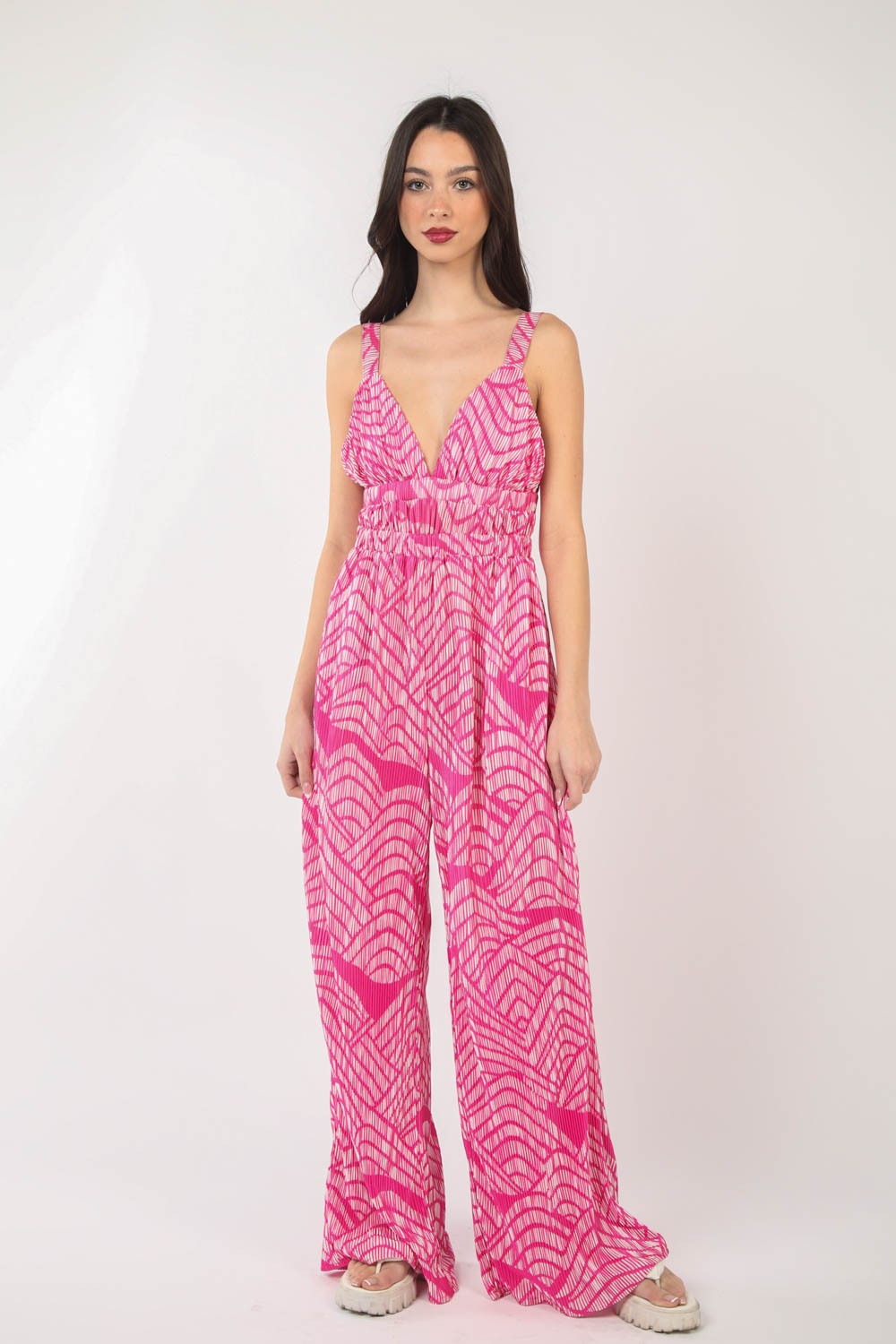 VERY J Printed Pleated Sleeveless Wide Leg Jumpsuit-Very Besty