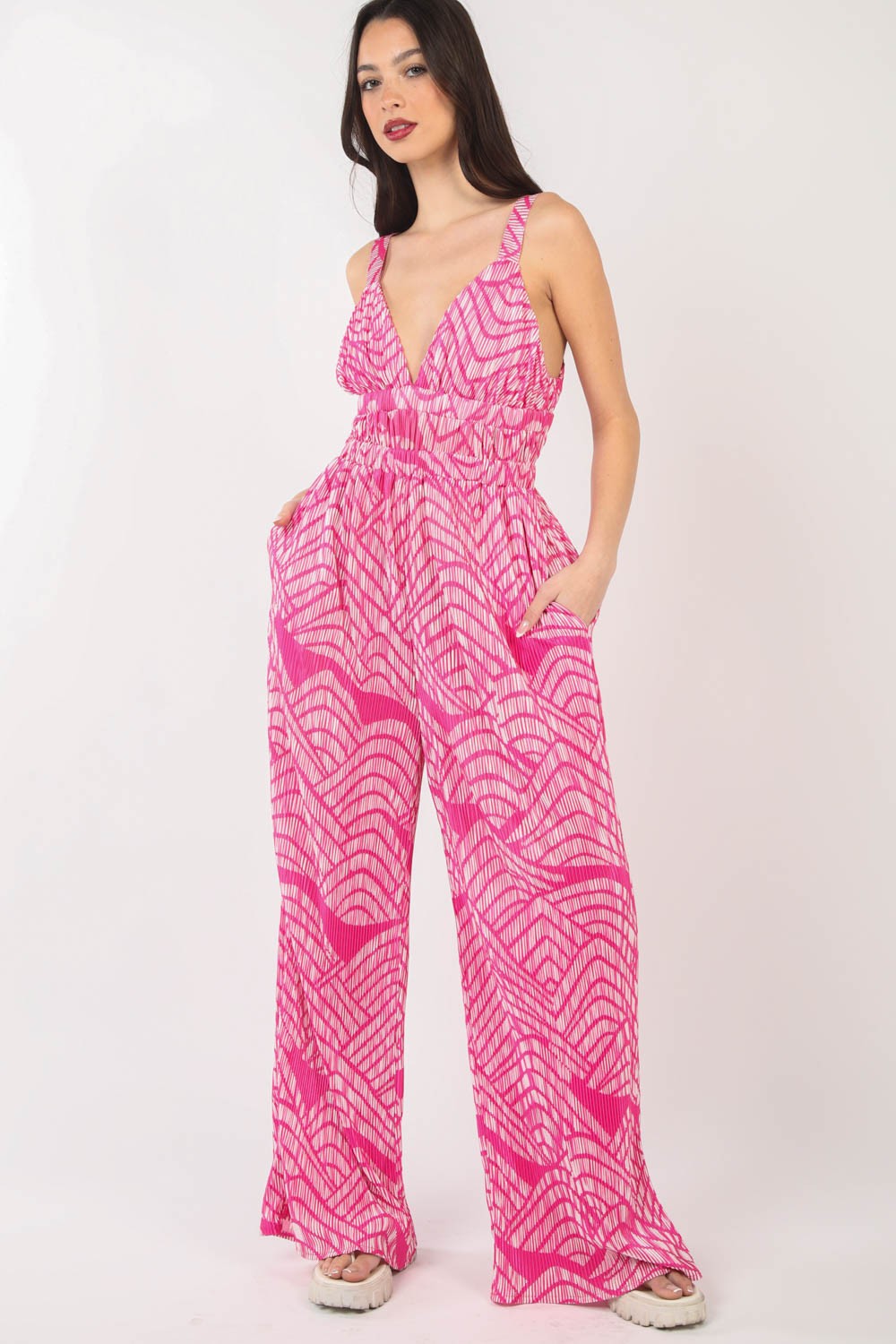VERY J Printed Pleated Sleeveless Wide Leg Jumpsuit-Very Besty