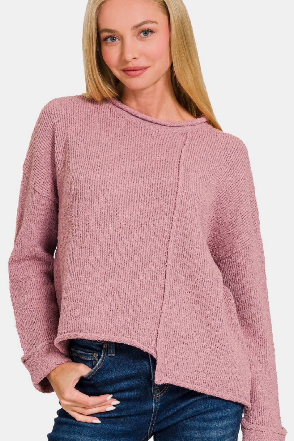 Zenana Asymmetric Hem Drop Shoulder Sweater-Very Besty