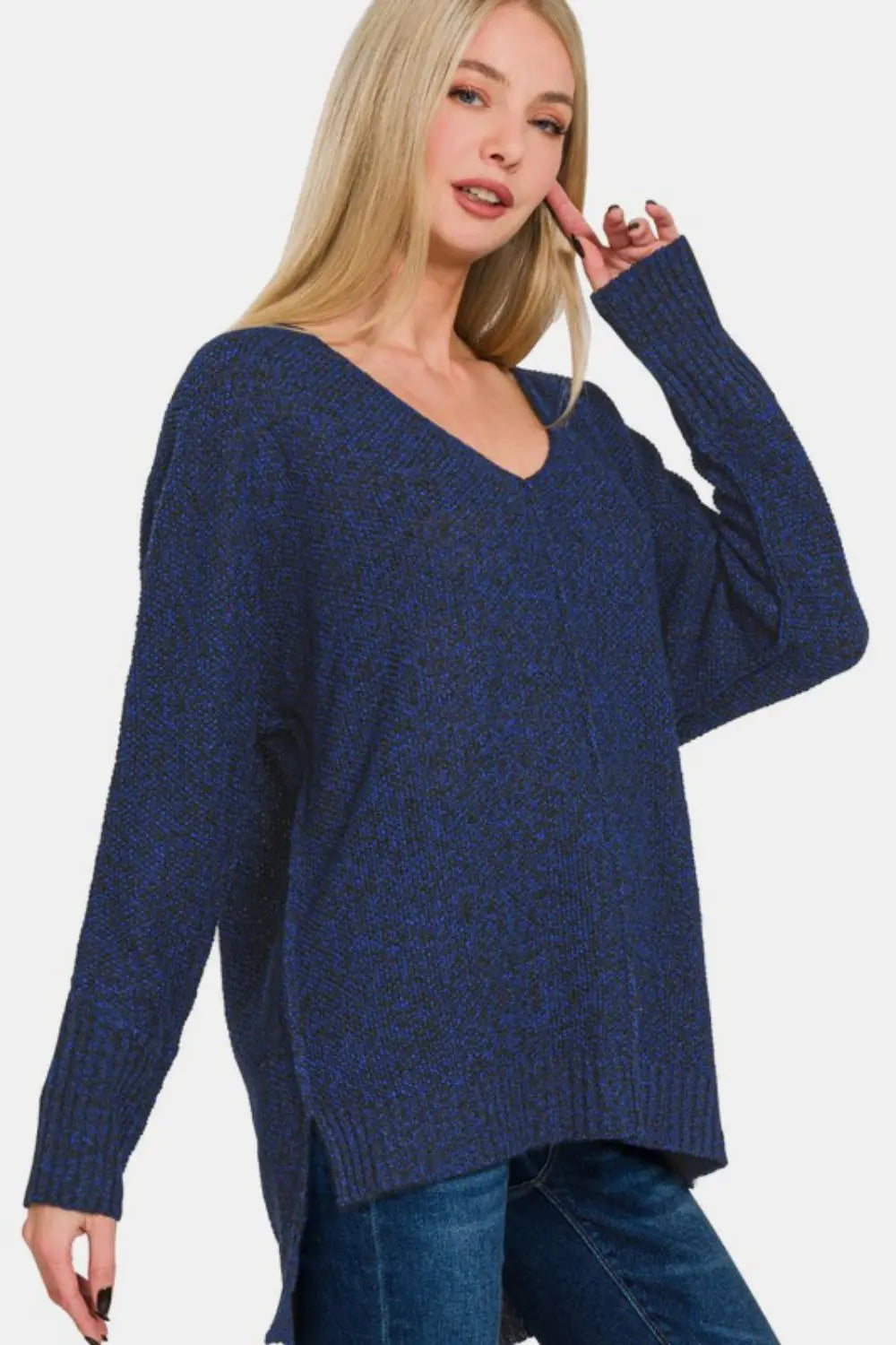 Zenana High-Low Center Seam V-Neck Sweater Trendsi