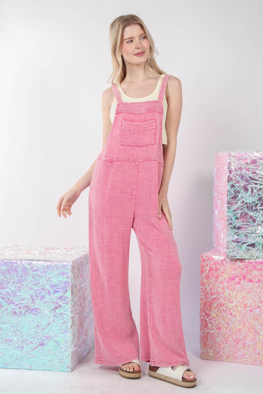 VERY J Texture Washed Wide Leg Overalls-Very Besty