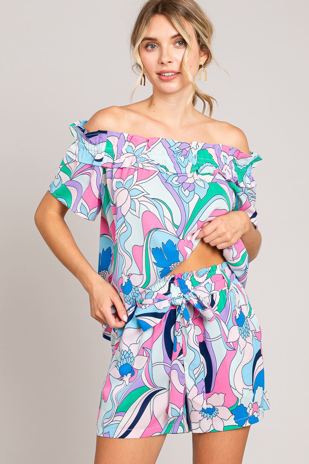 Cotton Bleu by Nu Label Abstracted Print Tie Front Shorts-Very Besty