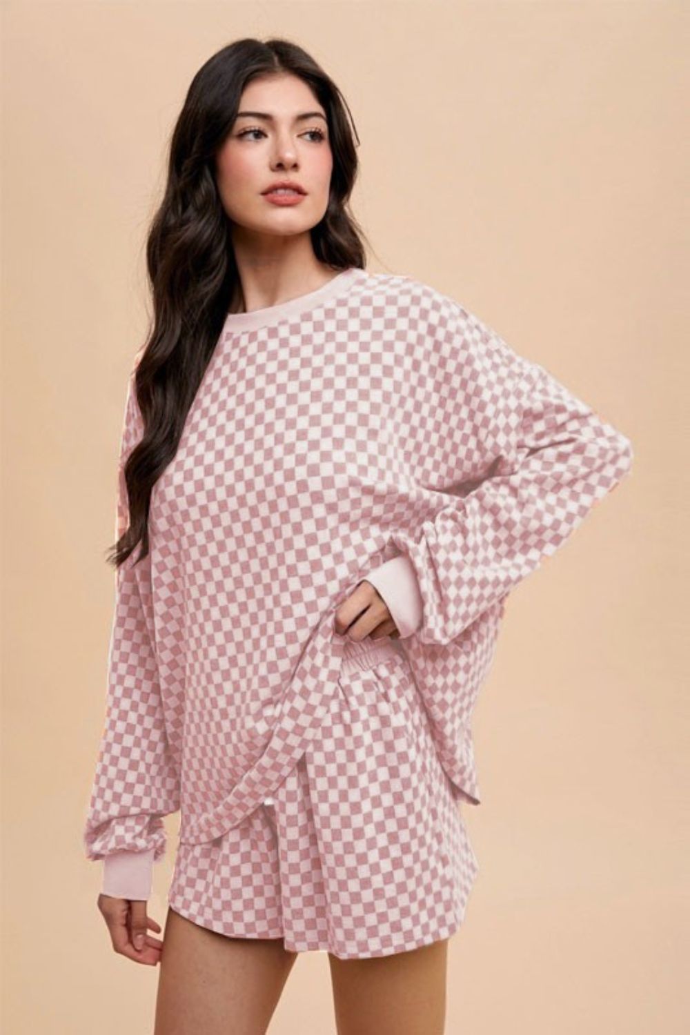 Annie Wear Checkered Round Neck Top and Drawstring Shorts Set-Very Besty