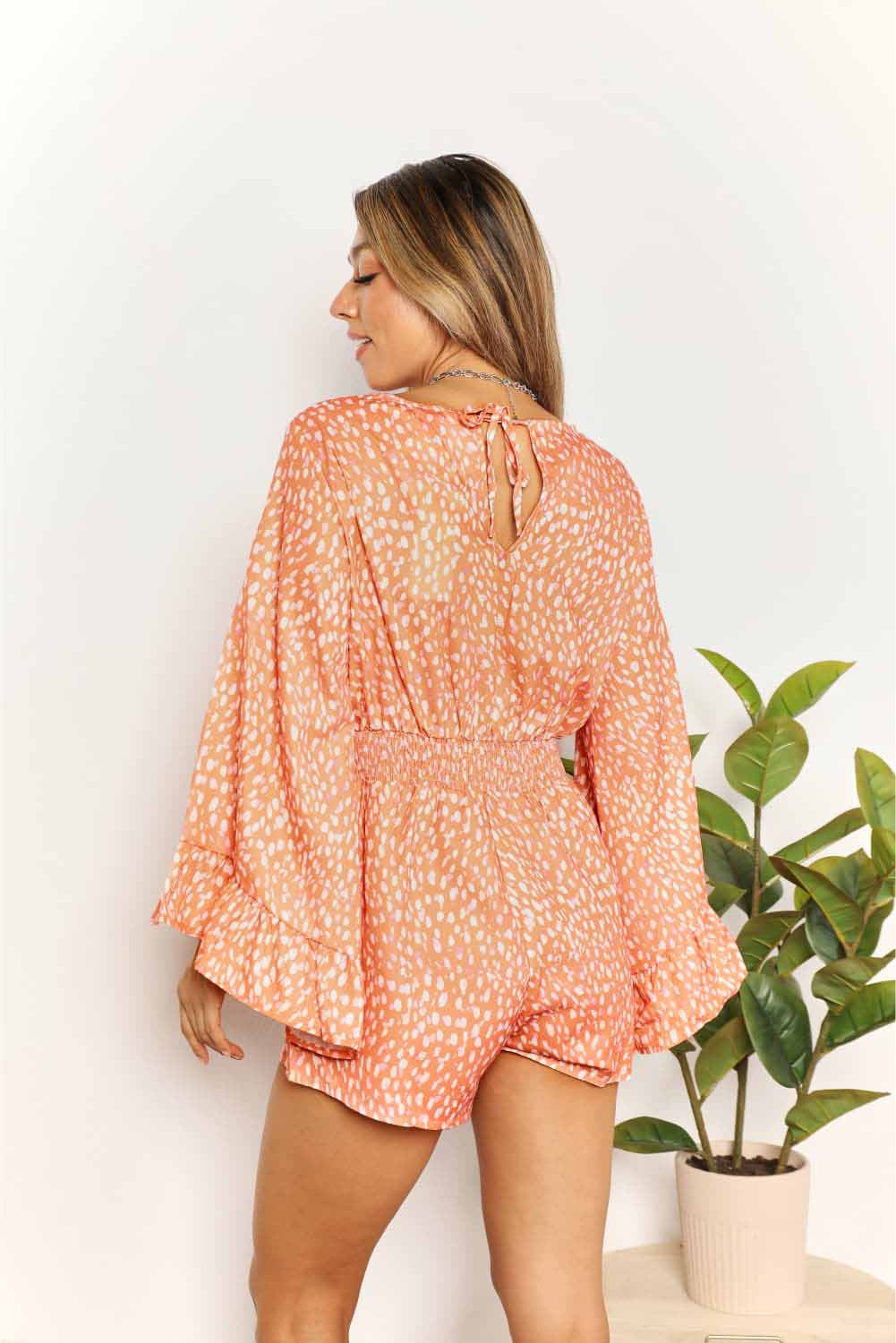 Double Take Printed Flare Sleeve Surplice Romper-Very Besty
