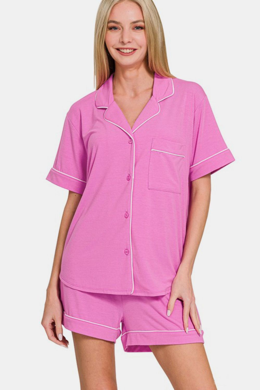 Zenana Button Down Short Sleeve Top and Shorts Lounge Set-Very Besty