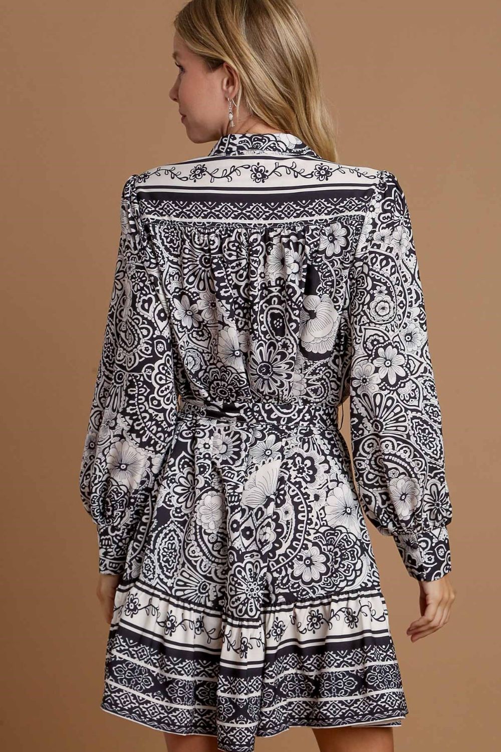 Umgee Full Size Two Tone Floral Border Print Tie Waist Mini Dress Plus Size-Very Besty