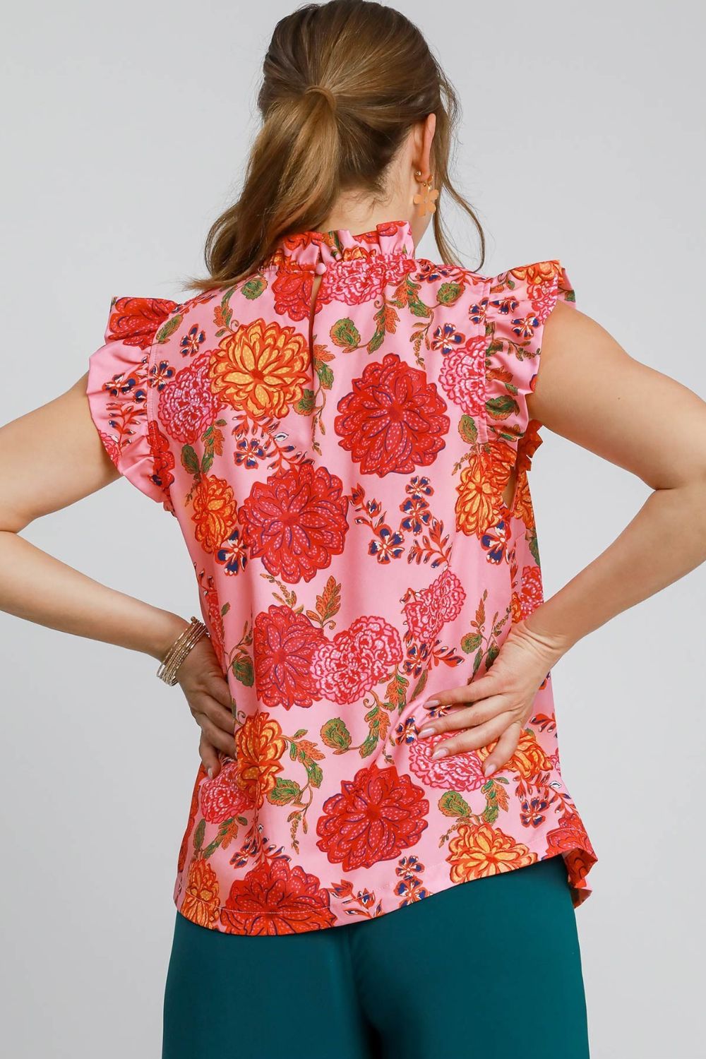 Umgee Full Size Floral Print Ruffled Cap Sleeve Blouse Plus Size-Very Besty