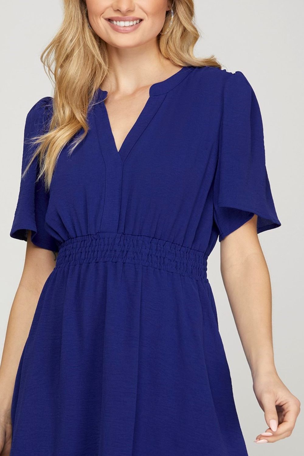 She + Sky Ruffled Hem Notched Flutter Sleeve Mini Dress-Very Besty