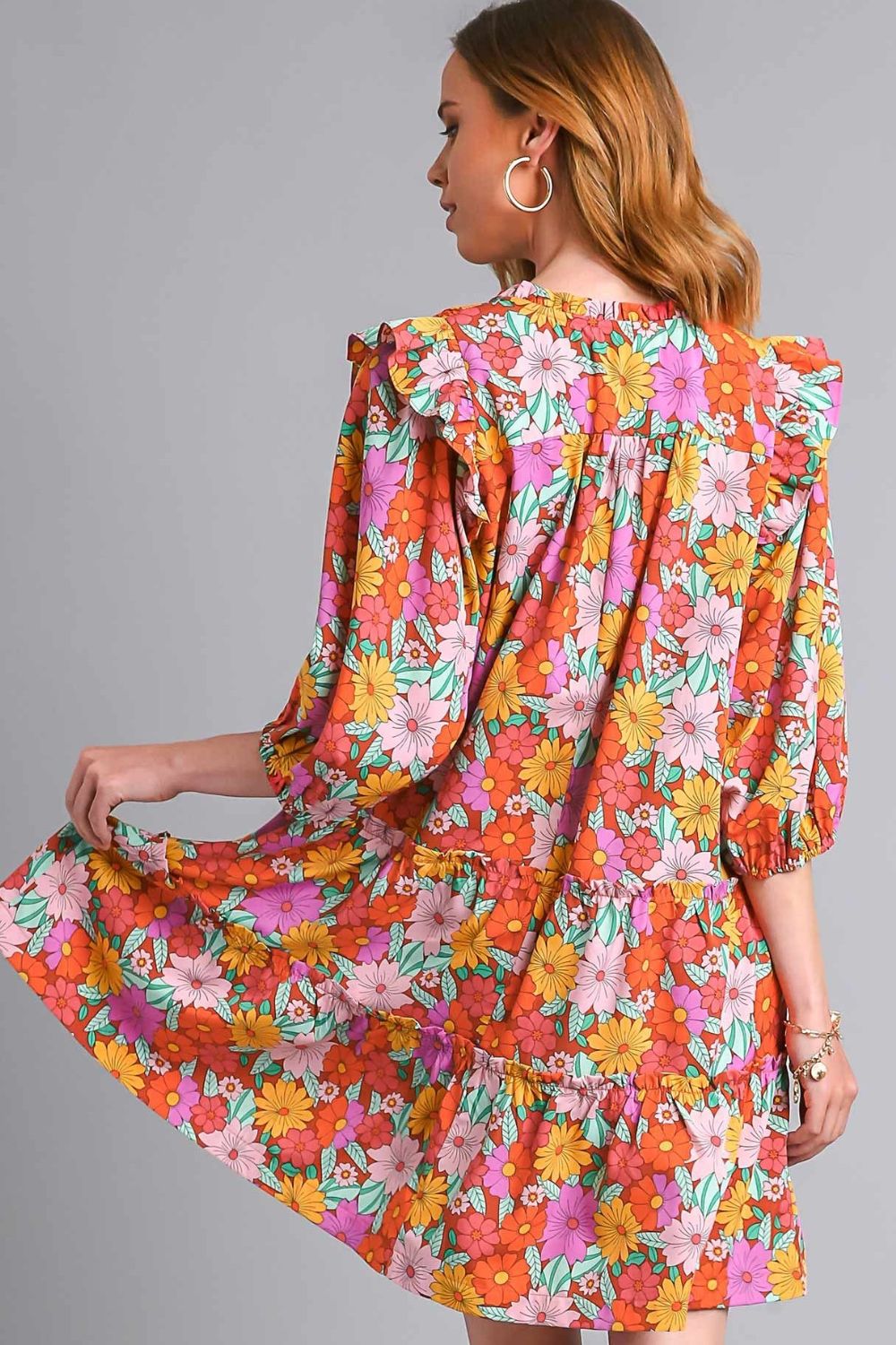 Umgee Full Size Ruffled Flower Print Tie Neck Tiered Dress Plus Size-Very Besty
