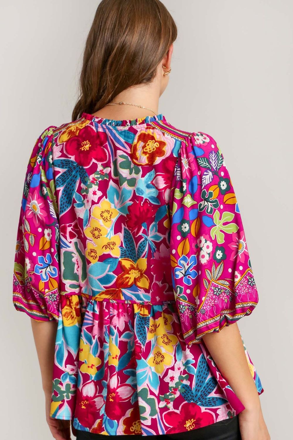 Umgee Full Size Floral Print Tie Neck Peplum Blouse Plus Size-Very Besty
