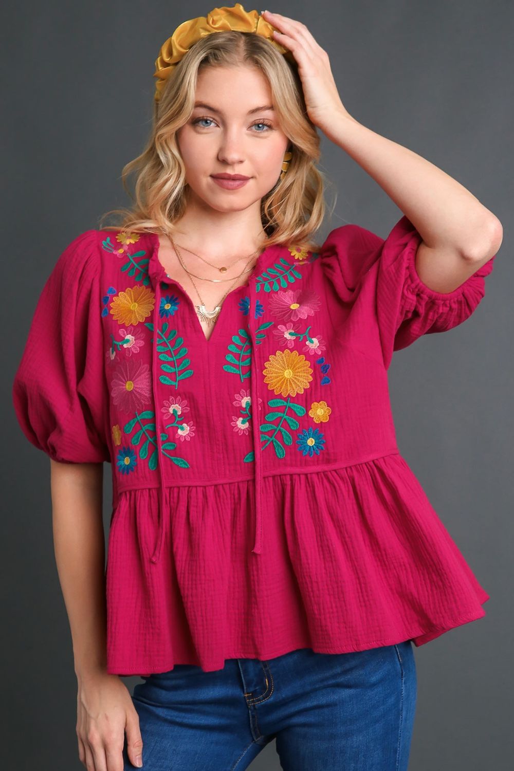 Umgee Full Size Cotton Gauze Floral Embroidery Babydoll Blouse Plus Size-Very Besty