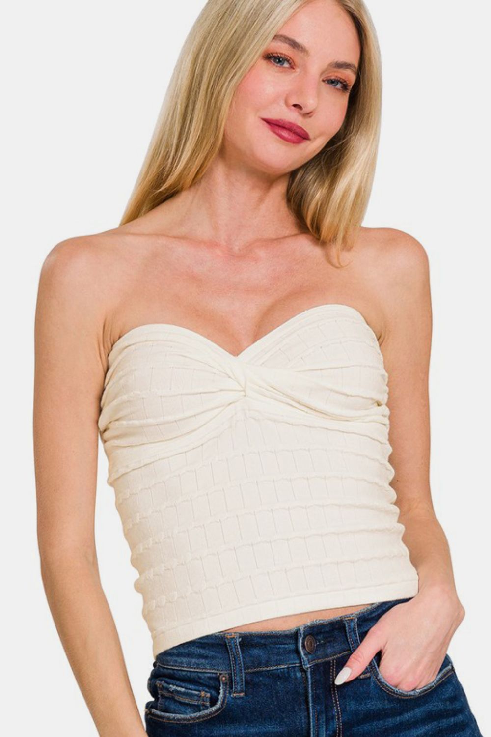 Zenana Ruched Twisted Sweetheart Neck Top-Very Besty