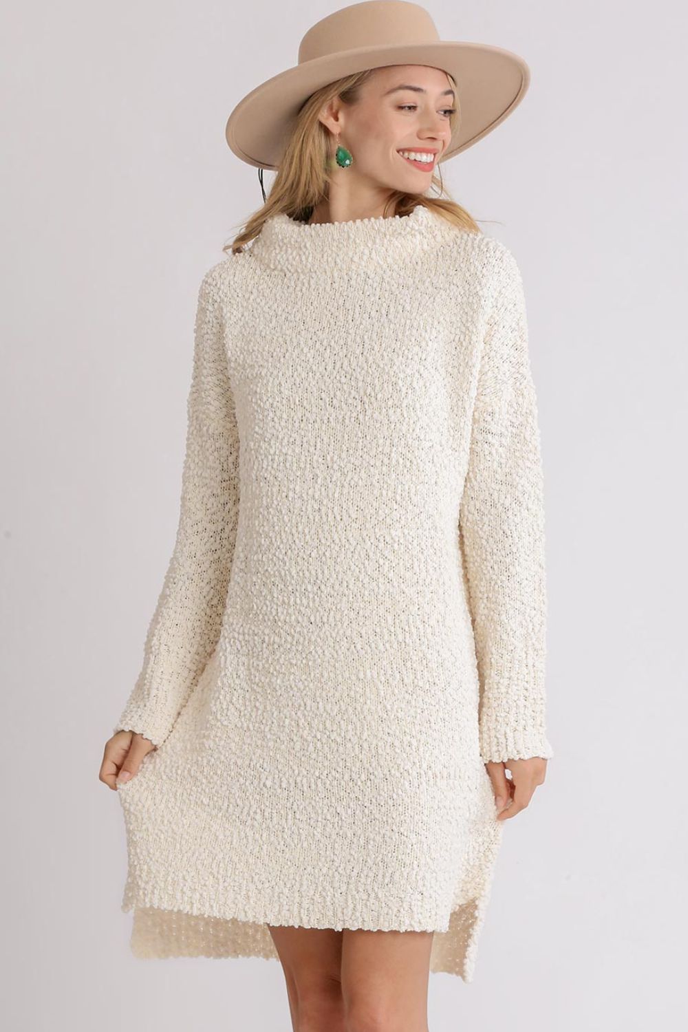Umgee Full Size High Low Long Sleeve Boucle Sweater Dress Plus Size-Very Besty