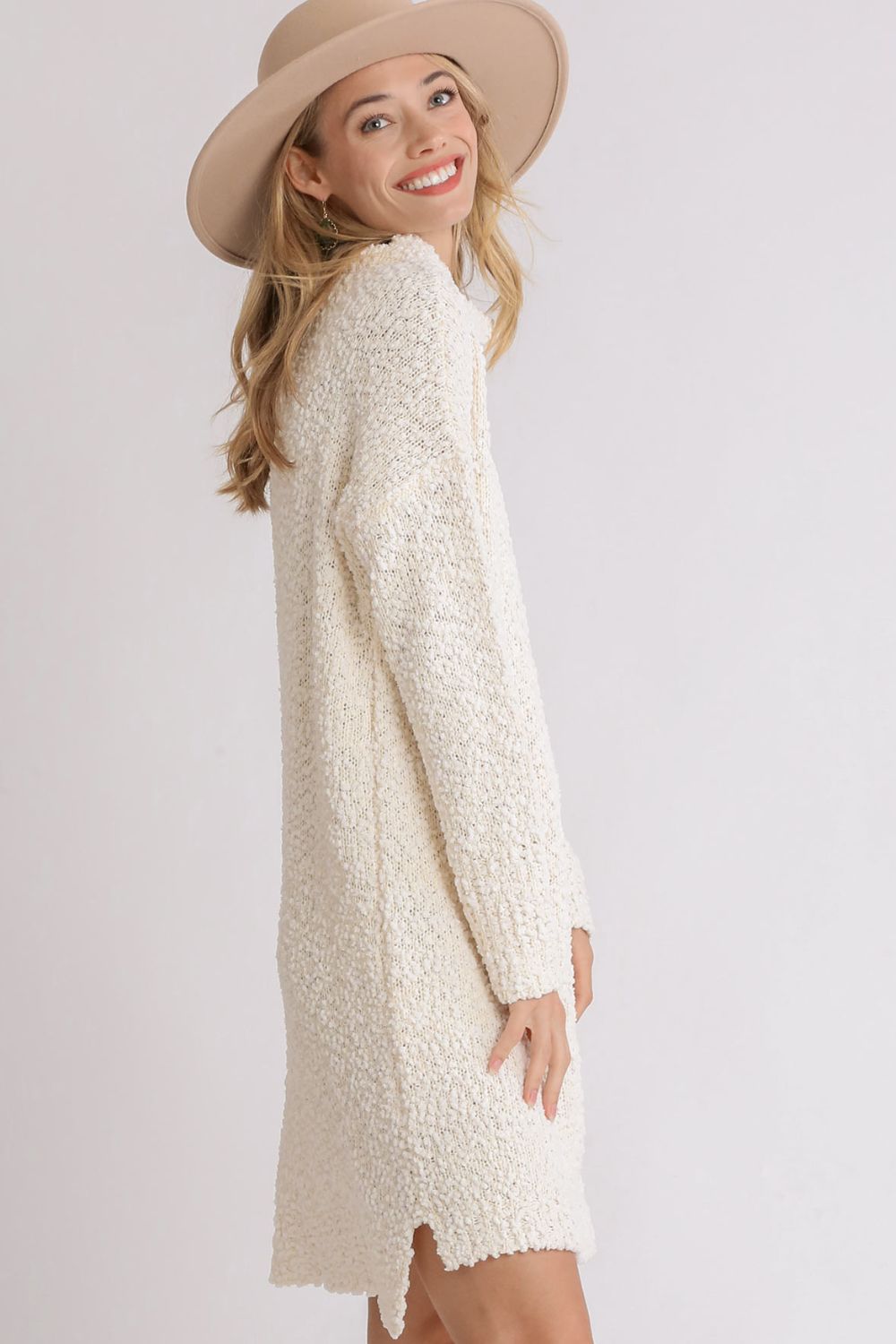 Umgee Full Size High Low Long Sleeve Boucle Sweater Dress Plus Size-Very Besty
