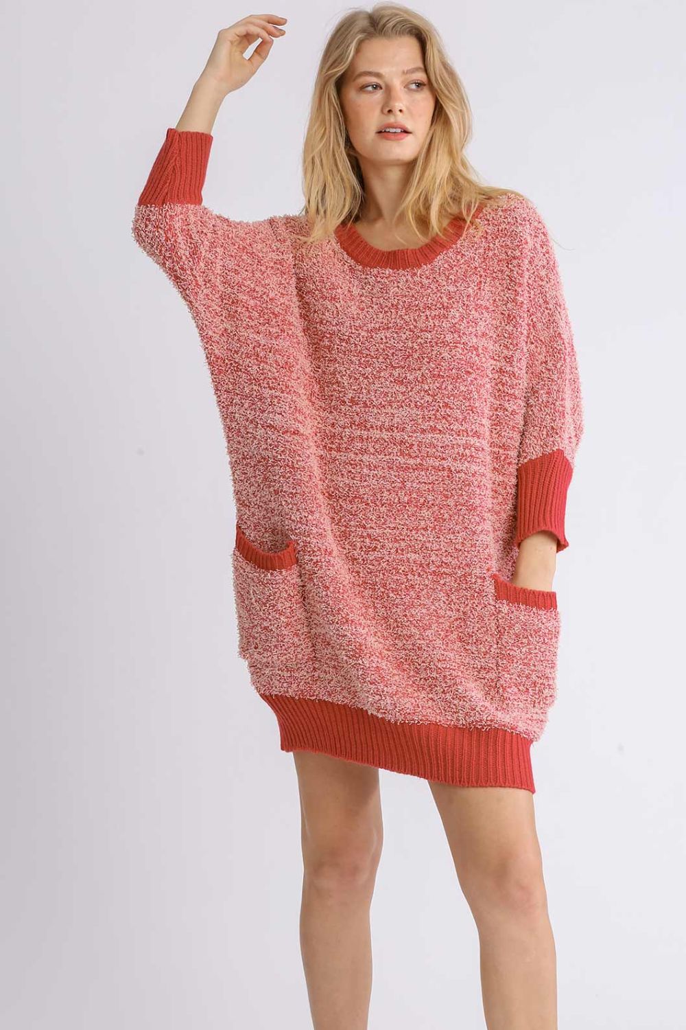 Umgee Full Size Ribbed Hem Round Neck 3/4 Sleeve Sweater Dress with Pockets Plus Size-Very Besty