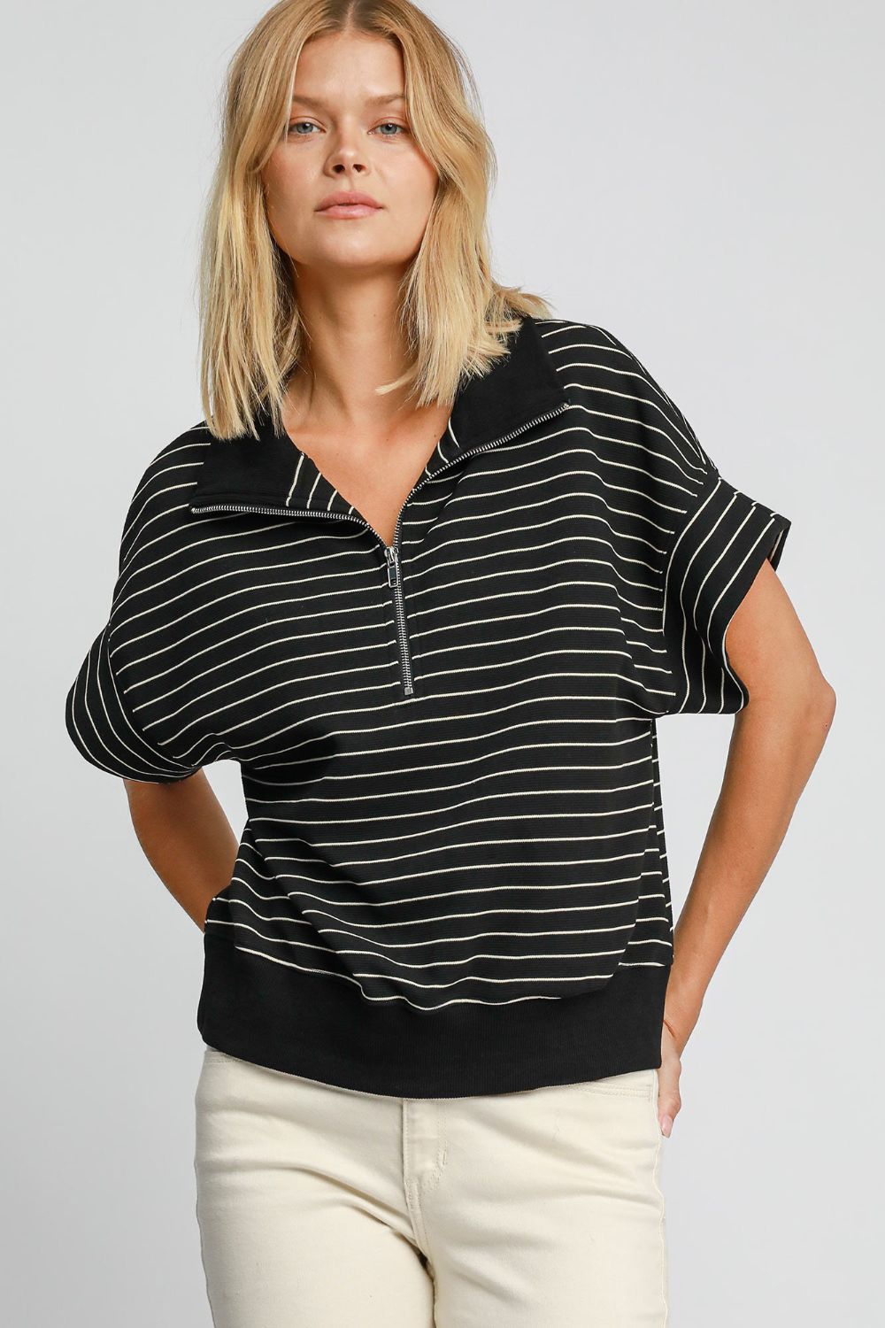 Umgee Striped Half Zip Short Sleeve Sweatshirt-Very Besty