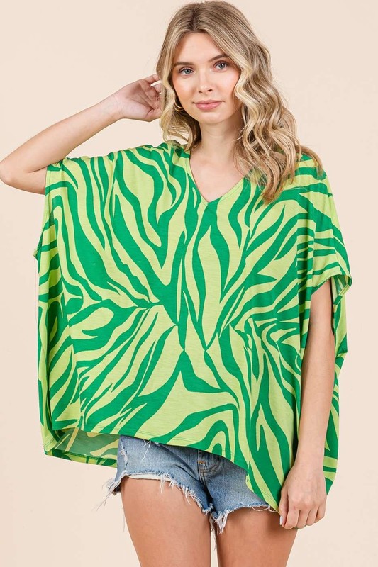 Mittoshop Zebra Print V-Neck Short Sleeve Oversized Top-Very Besty