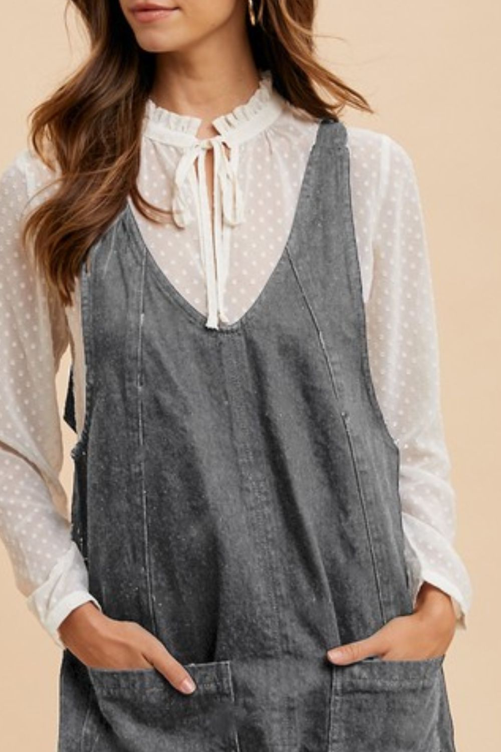 Annie Wear V-Neck Adjustable Strap Denim Overall Dress with Pockets-Very Besty