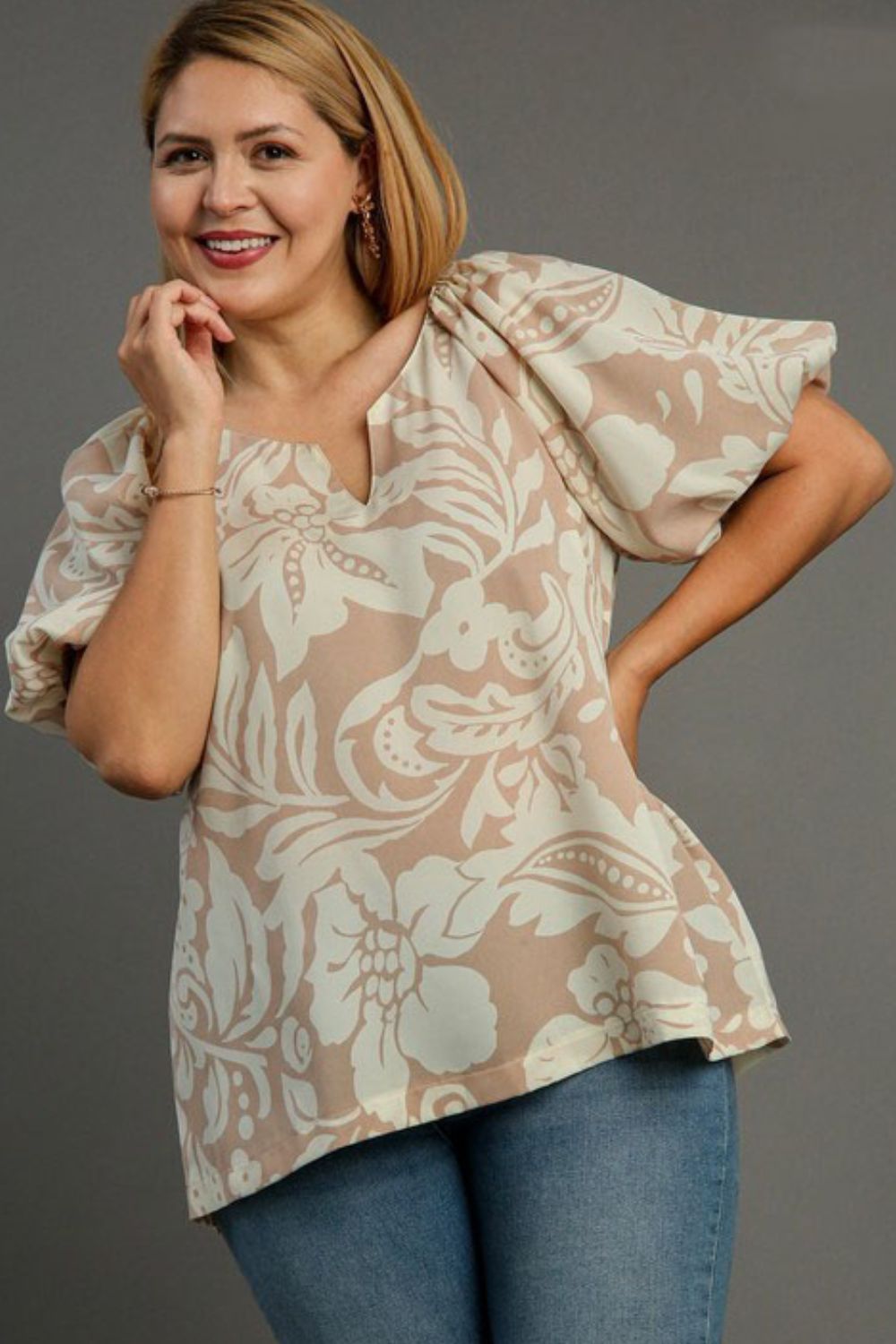 Umgee Full Size Boxy Cut Split Neck Floral Print Top Plus Size-Very Besty
