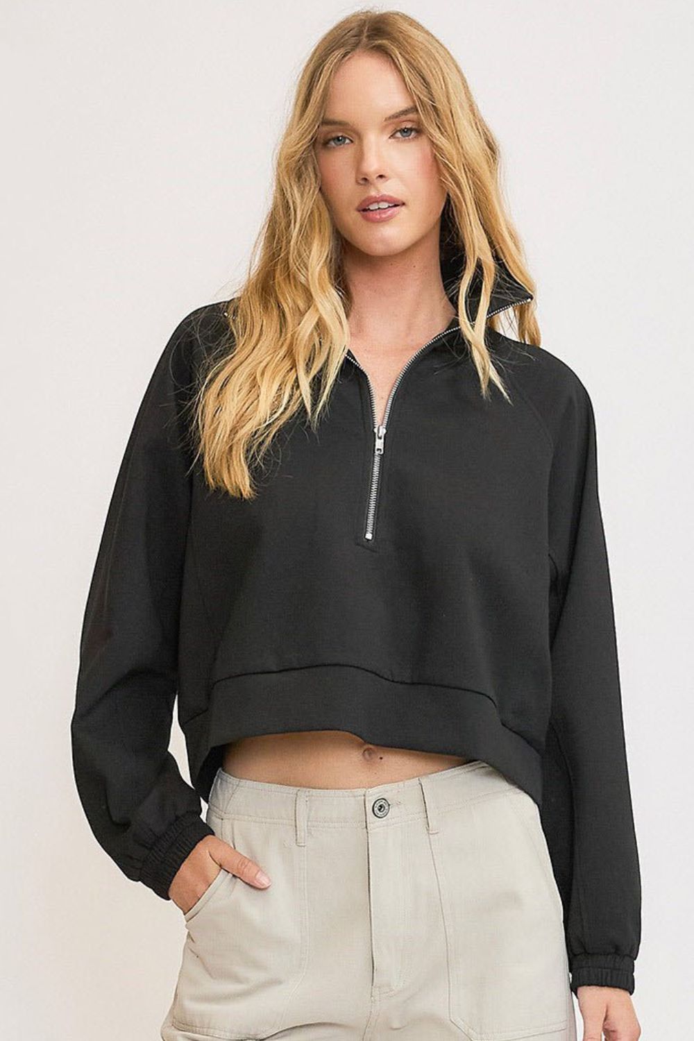 Umgee Full Size Half Zip Cropped Sweatshirt Plus Size-Very Besty
