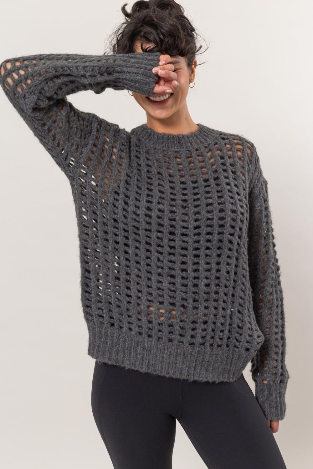 HYFVE Openwork Round Neck Long Sleeve Knit Cover Up-Very Besty
