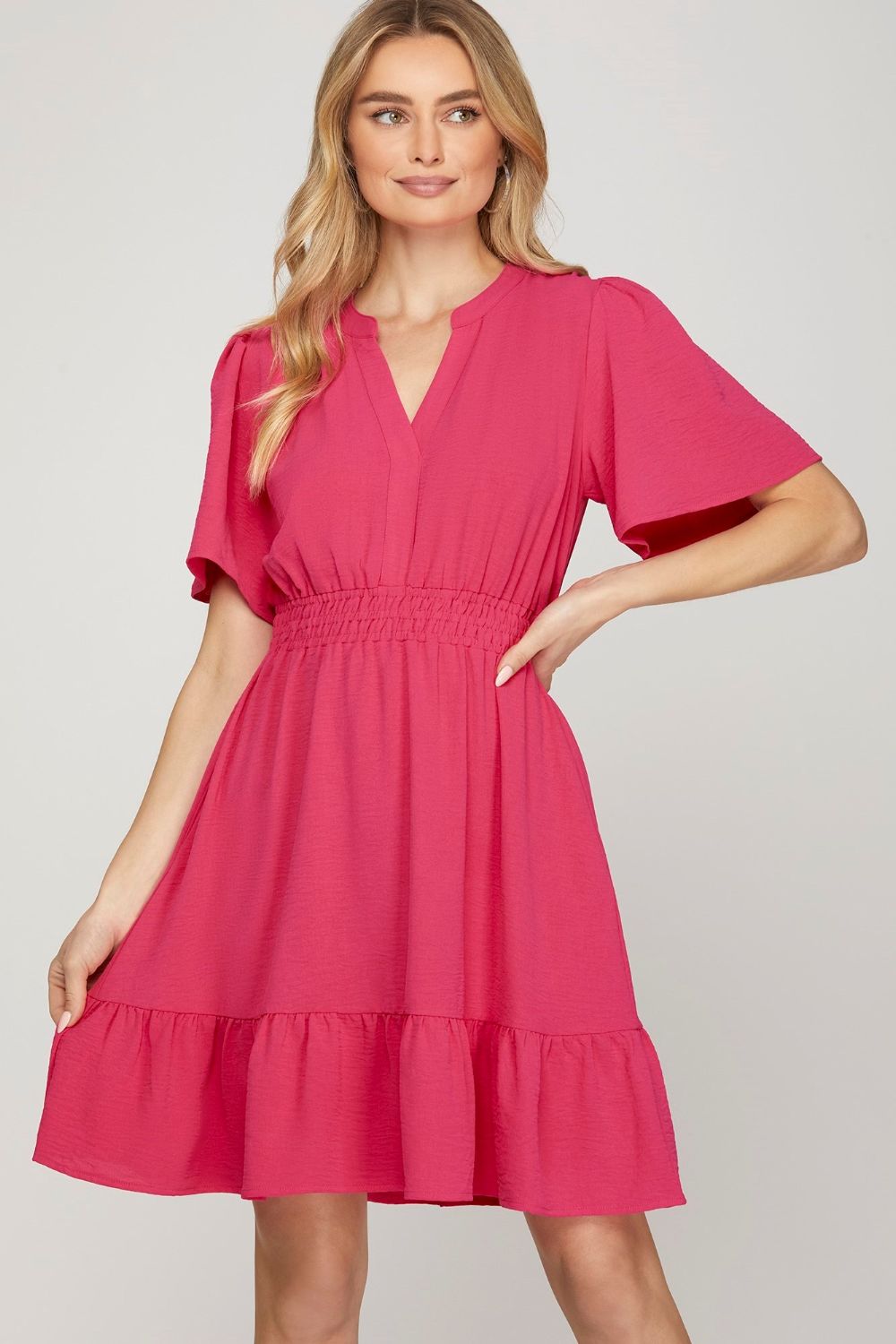 She + Sky Ruffled Hem Notched Flutter Sleeve Mini Dress-Very Besty
