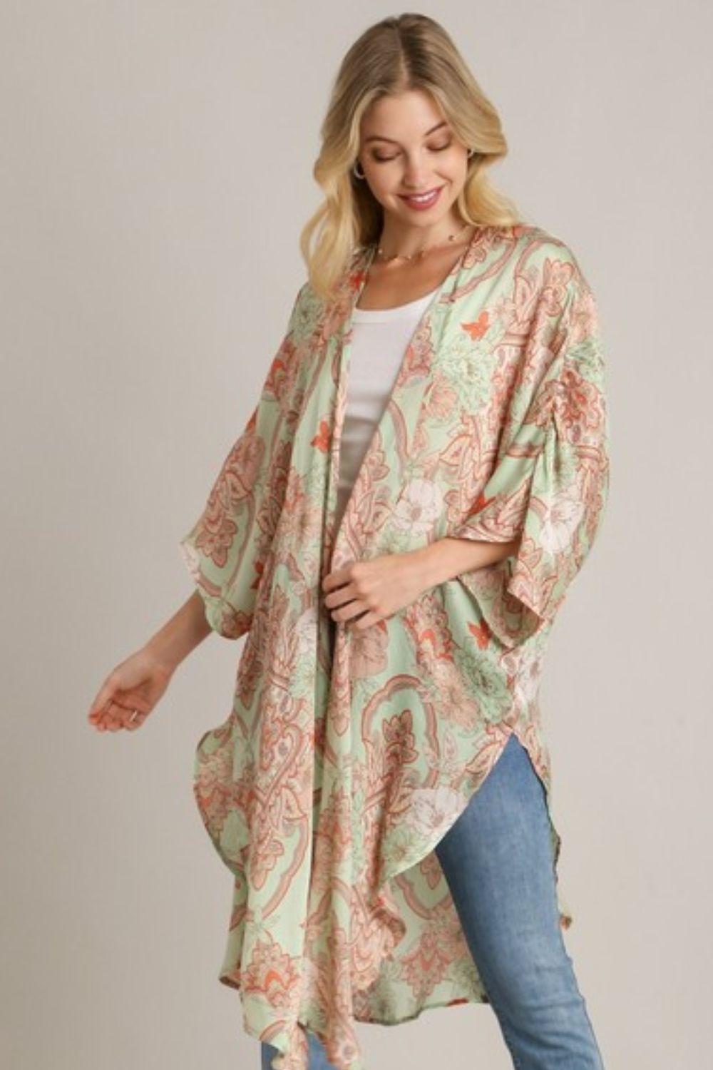 Umgee Full Size Mixed Print Open Front Kimono with Ruffle Sleeves Plus Size-Very Besty