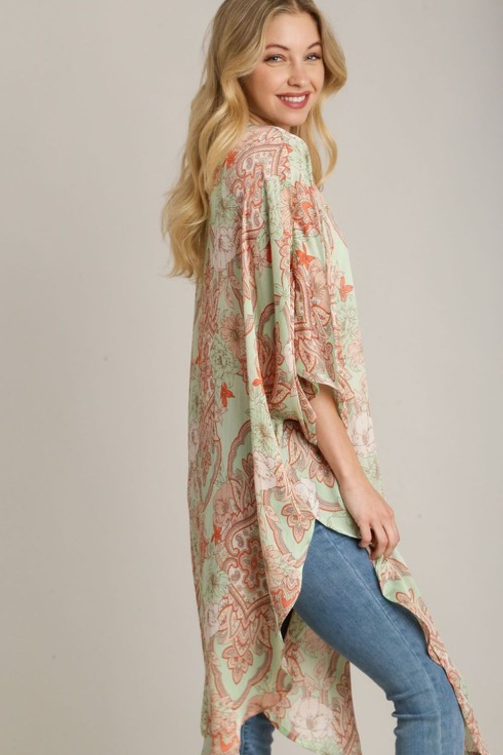Umgee Full Size Mixed Print Open Front Kimono with Ruffle Sleeves Plus Size-Very Besty