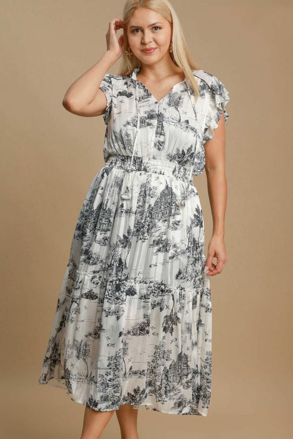 Umgee Full Size Two Tone Landscape Print Midi Dress Plus Size-Very Besty