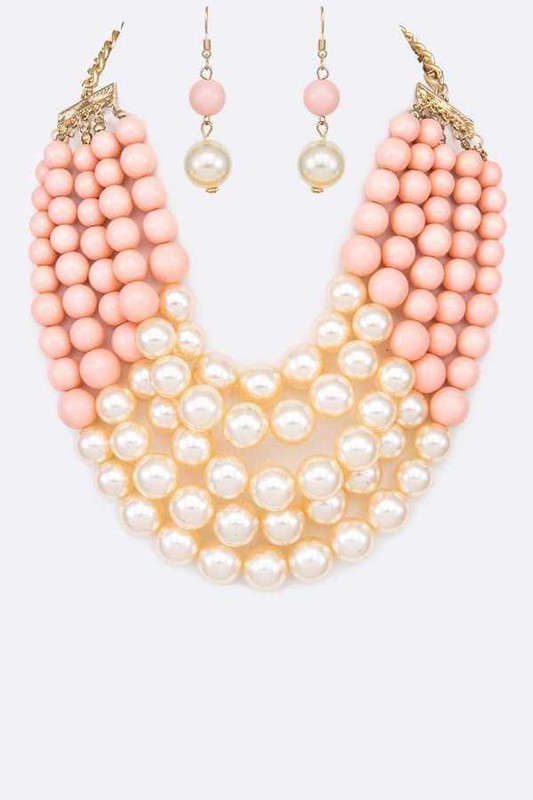 2 Tone Layered Pearls Strand Necklace Set-Very Besty