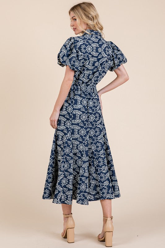 GeeGee Natural Leaf Pattern Eyelet Lace Puff Sleeve Dress-Very Besty