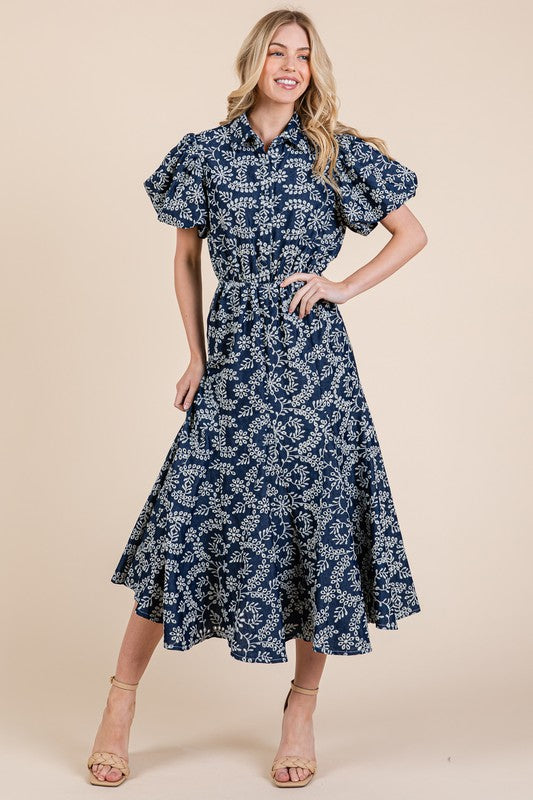 GeeGee Natural Leaf Pattern Eyelet Lace Puff Sleeve Dress-Very Besty
