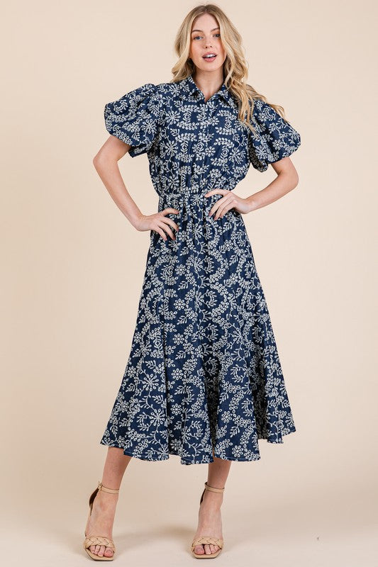 GeeGee Natural Leaf Pattern Eyelet Lace Puff Sleeve Dress-Very Besty