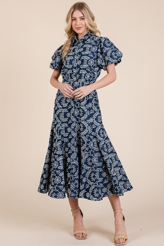 GeeGee Natural Leaf Pattern Eyelet Lace Puff Sleeve Dress-Very Besty